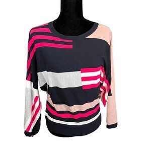 Karen Millen UK Pink Black Cream Grey Colorblock Wide Sleeve Blouse Women's Med